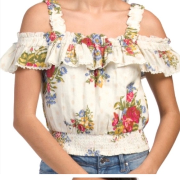 House of Harlow 1960 Tops - House Of Harlow 1960 Helena Ivory Floral Ruffle Top Gold Metallic Size Medium
